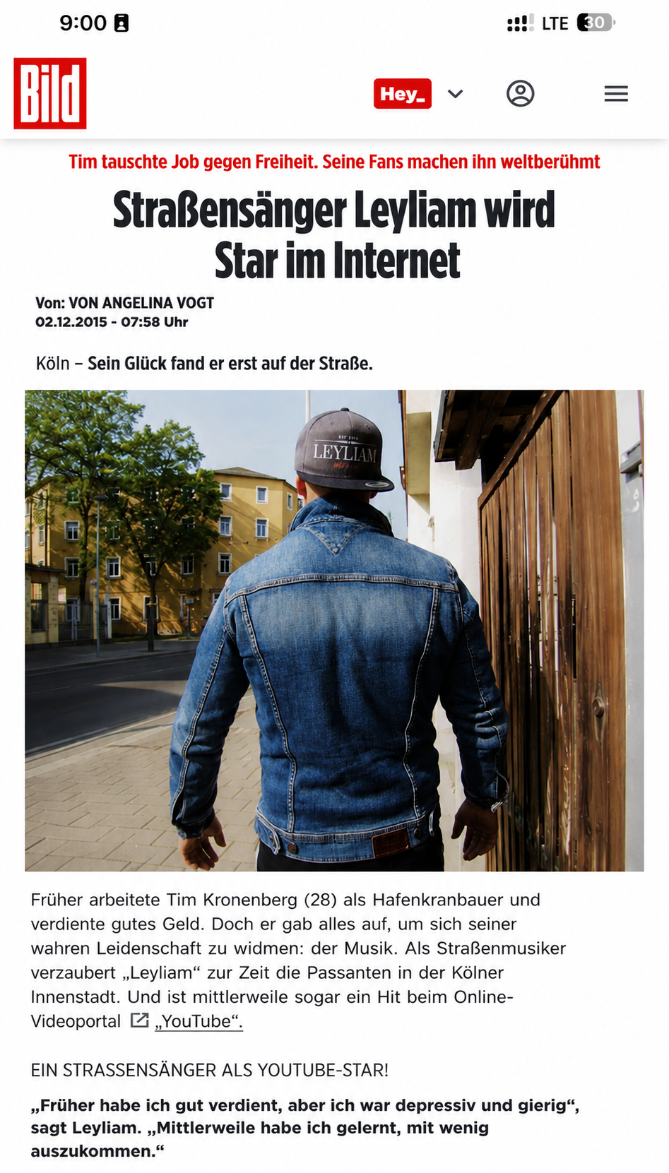 BILD article: Street singer Leyliam becomes an internet star
